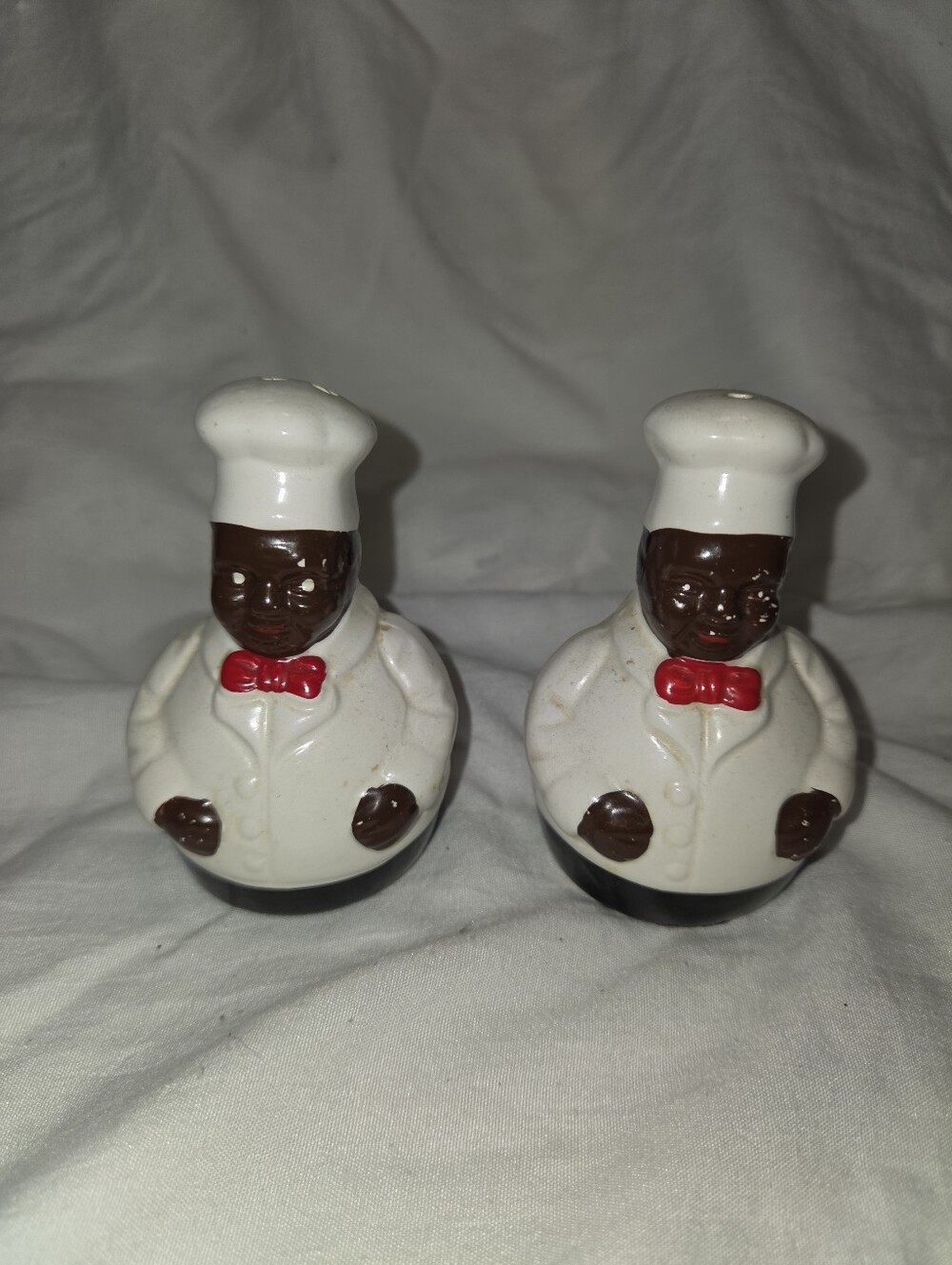 Vintage Ceramic Chef Salt and Pepper Shakers - White with Red Bow
